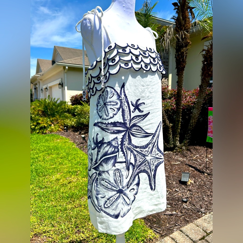 Nwt(S) Farm Rio Coast Stars Off-White Linen Mini Dress